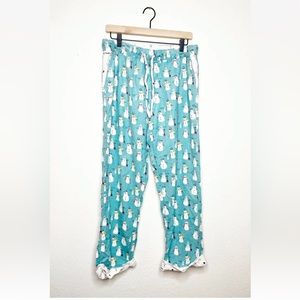 Munki Munki Pajama Bottoms Aqua Flannel Snowman Christmas Holiday Winter Size M